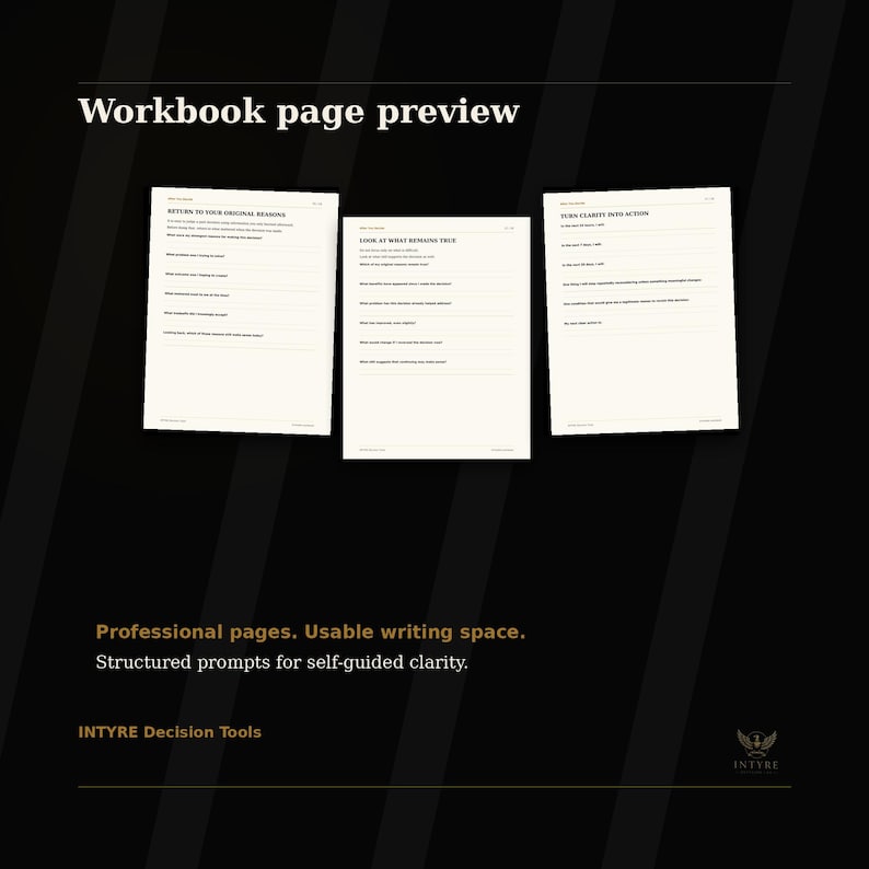 Preview of printable workbook pages from After You Decide with structured writing space for decision reflection and follow-through.
