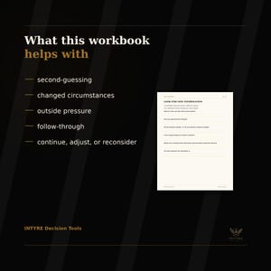Workbook overview for After You Decide showing guided prompts for second-guessing, changed circumstances, and reviewing what happened after a choice.