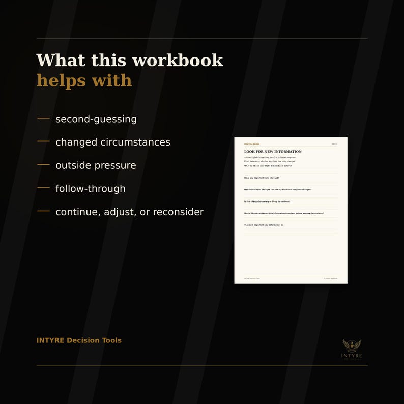Workbook overview for After You Decide showing guided prompts for second-guessing, changed circumstances, and reviewing what happened after a choice.