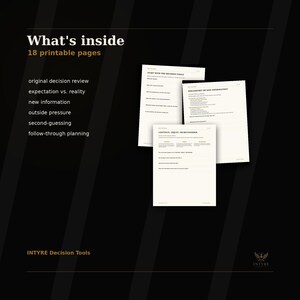 Interior preview of an 18-page printable decision fatigue workbook with guided reflection pages for reviewing what happened after a major choice.