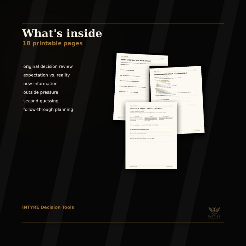 Interior preview of an 18-page printable decision fatigue workbook with guided reflection pages for reviewing what happened after a major choice.