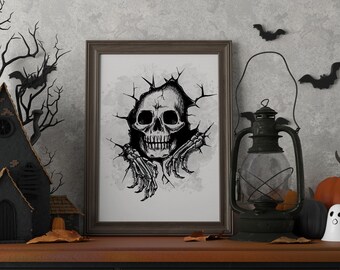 Halloween Printable Wall Art | Halloween Skull Download, Skeleton Print, Creepy Halloween Art, Halloween Art Print | Minimalist Halloween