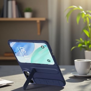 May include: A dark blue smartphone case with an integrated kickstand, shown from the back. The case features a cutout for the camera lenses and a textured surface. The phone screen is visible, displaying the time 11:30 and a light blue background.