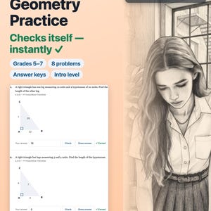 Op de afbeelding: Zelfcorrigerend oefenblad voor meetkunde over de stelling van Pythagoras. Bevat 8 opgaven voor groep 7-9, antwoordsleutels en een inleidend niveau. De pagina toont twee wiskundige opgaven over rechthoekige driehoeken met invoervelden.