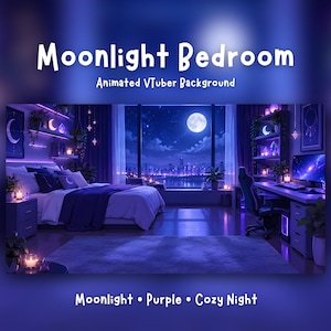 Puede incluir: Un fondo de dormitorio animado con cama, escritorio y una gran ventana con vista a la ciudad y luna llena. El texto dice: Moonlight Bedroom Animated VTuber Background. La habitación está iluminada en tonos morados y azules brillantes.