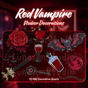 Puede incluir: Una colección de activos digitales titulada Red Vampire Vtuber Decorations que incluye 10 elementos decorativos en formato PNG, como una rosa roja, un corazón, una copa con líquido rojo, un murciélago, una espada, una poción, una luna roja y una llave ornamentada.