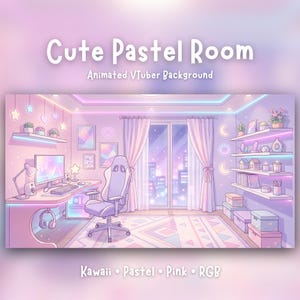 Könnte beinhalten: Ein animierter Raumhintergrund mit Schreibtisch, Computer, Tastatur, Kopfhörern, Gaming-Stuhl und dekorierten Regalen. Der Text lautet Cute Pastel Room Animated VTuber Background. Die Farbpalette besteht aus sanftem Rosa, Lila und Blau.