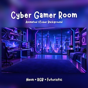 Puede incluir: Una ilustración digital de una habitación con el texto Cyber Gamer Room Animated VTuber Background Neon RGB Futuristic. La habitación cuenta con iluminación de neón morada y azul, una silla gamer, un escritorio con PC y vista urbana.