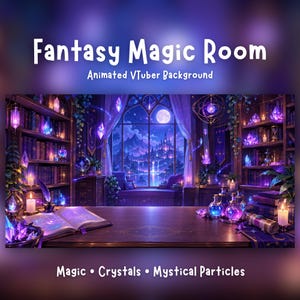 Könnte beinhalten: Ein animierter VTuber-Hintergrund mit dem Titel Fantasy Magic Room, der eine Bibliothek mit leuchtenden violetten Kristallen, Kerzen, Zaubertrankflaschen und einem offenen Buch auf einem Schreibtisch zeigt. Ein Fenster zeigt eine nächtliche Landschaft.