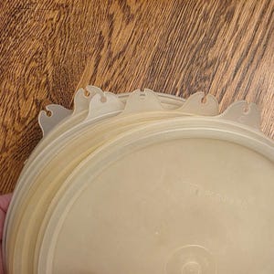 May include: A stack of round, translucent, off-white plastic Tupperware lids. Each lid features a small, notched tab along the outer edge for easy gripping. The brand name Tupperware is embossed on the surface of the top lid.