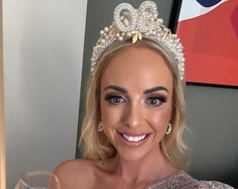 Tiara de pérolas para aniversário de 30 a 40 anos, joia embelezada, tiara de cabelo, coroa dourada e prateada com brilho, strass e chapéu de noiva