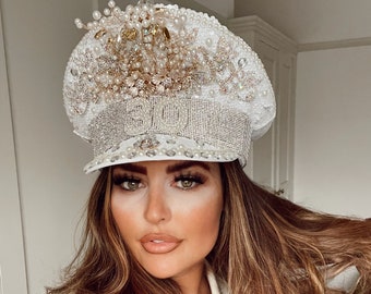 Bride to Be Hen Party Do 30 40 30th 40th age birthday party rhinestone diamanté jewel white silver Pearl gold captain hat