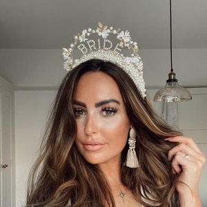 Bridal bride to be hen do party night cream pearl gold silver embellished headband headpiece wreath tiara diamantés jewels bachelorette