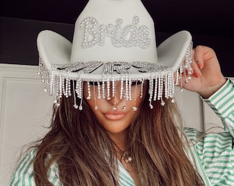 Bride Cowboy Hat with Rhinestone Fringe – White MRS Western Hat – Hen Party Bride Hat – Bridal Shower Accessory
