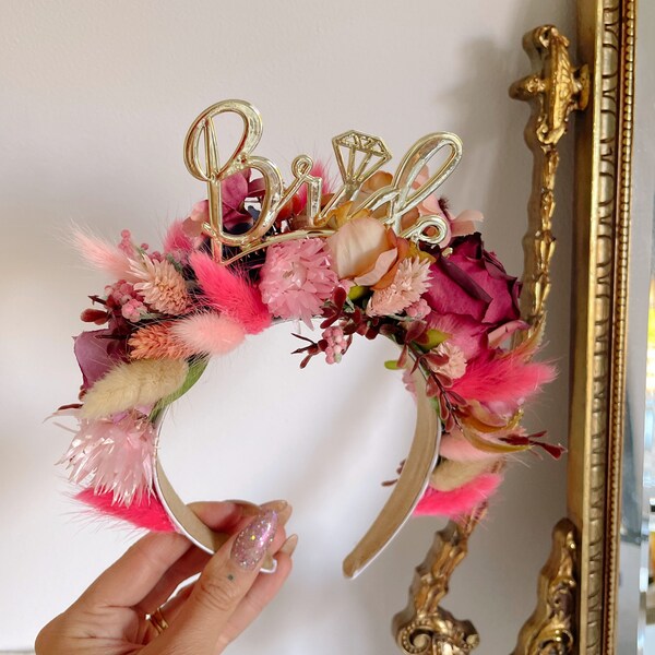 Bridal bride to be hen do party gold pink green bright colourful dried flowers ruscus bunny tails flower wreath headband headpiece