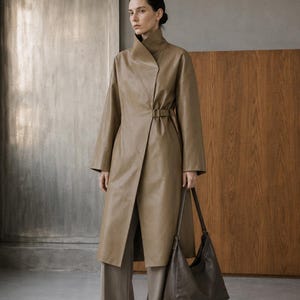 Women's Sculpted Belted Stand Collar Long Coat, Made-to-Order Sculptural Outerwear, Custom Size and Fabric, Camel Tailoring
