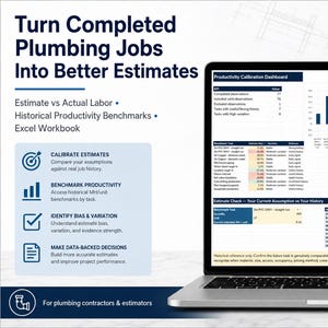 Könnte beinhalten: Ein digitaler Download für Sanitärinstallateure mit einem Laptop, der ein Produktivitäts-Kalibrierungs-Dashboard anzeigt. Der Bildschirm zeigt Diagramme und Tabellen für Schätzungsabweichungen, Arbeitsaufwand und historische Benchmarks.