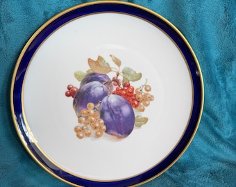 Schumann Arzberg Germany Echt Cobalt Bountiful Dinner Plates Fruit Gold Trim 10"