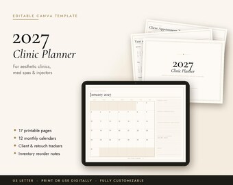 2027 Clinic Planner PDF, Med Spa Monthly Calendar, Injector Appointment Tracker, Aesthetic Clinic Planner Printable, Esthetician Planner