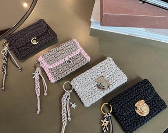 Crochet Slim Card Holder & AirPods Case, Knit Wallet with Keychain, Credit Card Pouch.