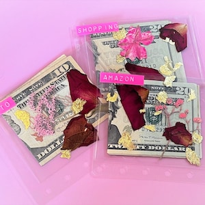 ROSE & GOLD INFUSED Clear Flower Cash Envelope Pressed Roses and Gold Foil Flowers Custom Cash Envelopes Cash Envelope Budget System