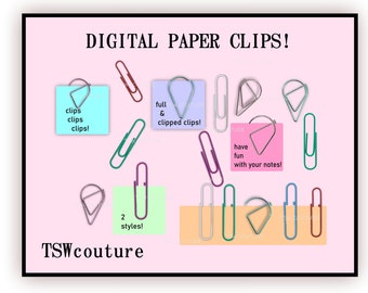 DIGITAL PAPER CLIPS Digital Paper Clips - Paper Clip Clip Art Paper Clip Embellishments  Office Clip Art Instant Download - School Clip Art