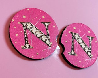 2 PINK BLING Initial Monogram Car Coasters 1 Pair Diamond Letters 1 Pair Any Color Car Accessories Car Bling Coaster