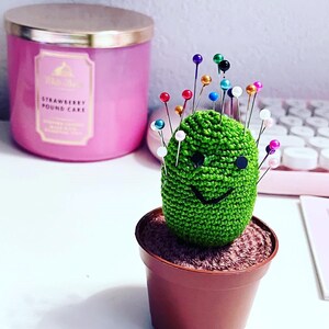 CACTUS PIN CUSHION Hand knitted Green yarn cactus in plastic pot MexBuddies