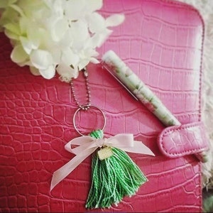 Handmade multi-colored yarn TASSELS with CUSTOM acrylic or wood laser cut charms .5&quot;