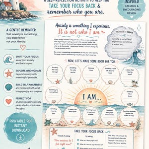 May include: A printable self-reflection worksheet titled Anxiety is something I experience. It is not who I am. The page features ocean-themed illustrations including a lighthouse, waves, and seashells, with prompts for personal journaling and focus.