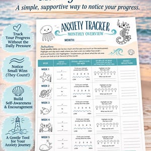 May include: An ocean-themed anxiety tracker monthly overview printable PDF document. The page features a table with five weeks, columns for dates, anxiety levels, weekly wins, and notes, decorated with illustrations of a jellyfish, seahorse, and waves.