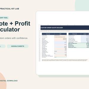 Puede incluir: Una herramienta de hoja de cálculo digital titulada Practical Kit Lab Quote + Profit Calculator para panaderías caseras. La interfaz muestra un generador de presupuestos con campos para detalles de pedidos, resultados de precios y márgenes de beneficio.