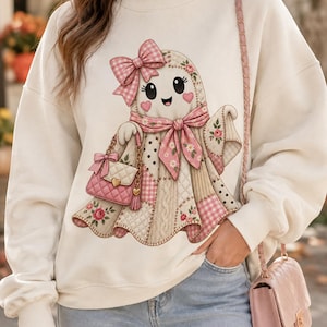 Patchwork Ghost PNG, Pink Coquette Halloween PNG, Girly Ghost Clipart, Quilted Ghost Sublimation, Cute Fall Shirt Design