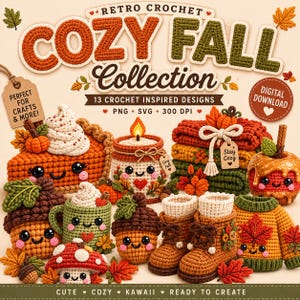 Peut inclure: Une collection numérique de 13 motifs inspirés du crochet représentant des objets d'automne anthropomorphes mignons, dont une tarte à la citrouille, une bougie, un gland, un champignon, une tasse, des bottes et un pull, avec des visages souriants.