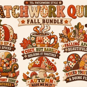 Peut inclure: Un ensemble graphique numérique intitulé Patchwork Quilt Fall Bundle comprenant six motifs sur le thème de l'automne. Les illustrations incluent une citrouille, une tasse, des feuilles, un fauteuil, des champignons et un cœur, en style patchwork.