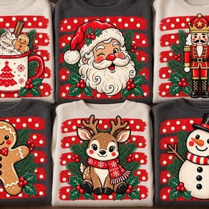 May include: Six sweatshirts featuring holiday graphics on a red and white polka dot background. Designs include a cocoa mug, Santa Claus, a nutcracker, a gingerbread person, a reindeer, and a snowman, all surrounded by green pine and red holly berries.