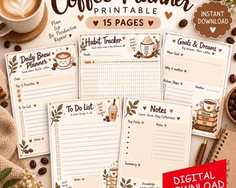 Könnte beinhalten: Ein druckbares Planer-Set zum Thema Kaffee mit 15 Seiten, das braune und cremefarbene Illustrationen von Kaffeetassen, Bohnen und Blättern zeigt. Die Seiten enthalten Abschnitte für Tagesplanung, Gewohnheits-Tracker, Ziele und Notizen.