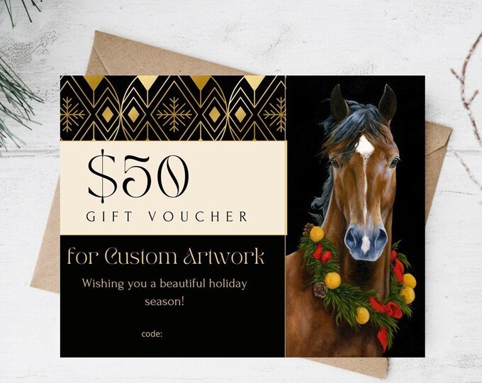 Printable Horse Christmas 50 dollar Gift Certificate Horse themed holiday digital download Horse gift ideas