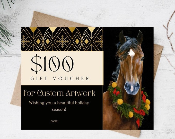 Printable Horse Christmas 100 dollar Gift Certificate Horse themed holiday digital download Horse gift ideas