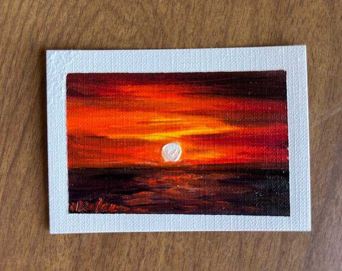 Original Oil painting ACEO mini artwork Nicolae Art Nicole Smith Artist Sunset ocean seascape 2.5"x3.5"