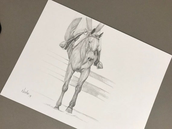 オリジナルの馬のアートワーク、グラファイト鉛筆スケッチ、9x12