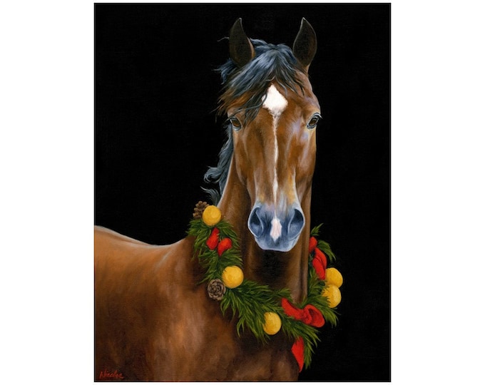 Horse art print equine wall art canvas print of original horse painting "Christmas Horse”