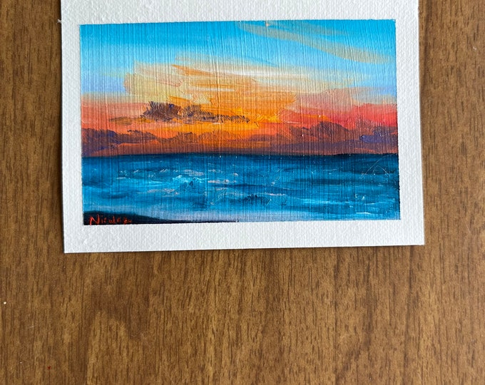 Original Oil painting ACEO mini artwork Nicolae Art Nicole Smith Artist Sunset ocean seascape 2.5"x3.5"