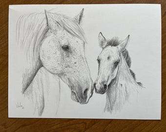 Horse Pencil Drawing: Mare and Foal Art, Graphite Sketch (9x12)