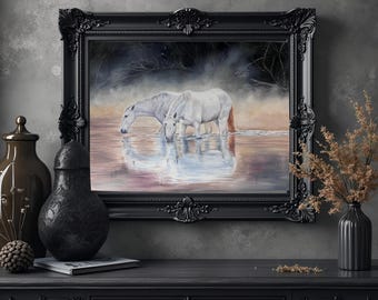 Original equine art horse oil painting white horses water reflections "Ghosts" 24x36