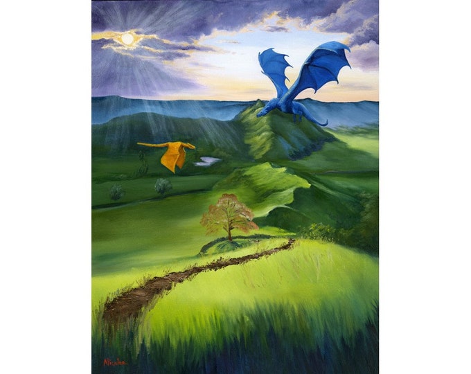 Original fantasy dragon art "valley of dragons" original oil painting by Nicole Smith 22x28