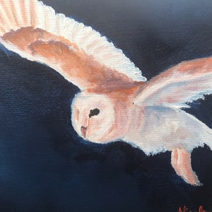 Original bird artwork Barn Owl painting oil on canvas 5x7 "Flight"