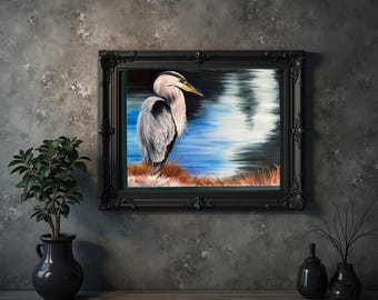 Blue Heron Oil Painting, "Fishing Spot" Canvas Art 20x24
