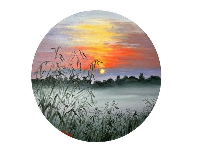 Round Original Sunrise landscape oil painting Nicolae rainbow sunset Art Ocean Nicole Smith Artist 12 inch round canvas