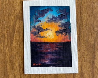 ACEO Oil Painting: "Morning Skies" Sunset Seascape Mini Art (2.5x3.5)
